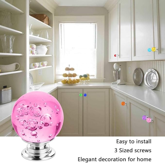 10 PCS Colorful Cabinet Knobs Round Glass Bubbles Knobs 30mm Smooth Drawer Pulls Handle for Home, Cabinet, Drawer and Dresser with 3 Different Size Screws