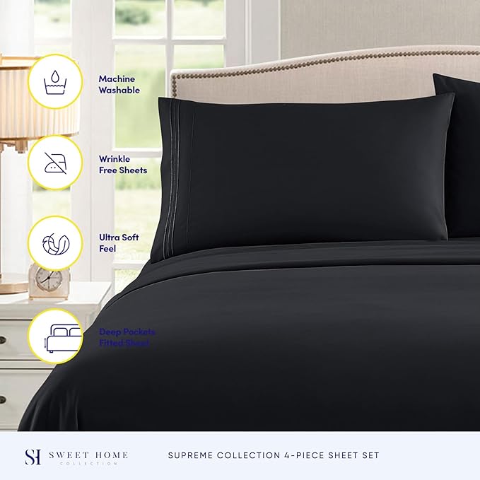 Split King Sheets - Breathable Luxury Sheets with Full Elastic & Secure Corner Straps Built In - 1800 Supreme Collection Extra Soft Deep Pocket Bedding Set, Sheet Set, Split King Size, Black