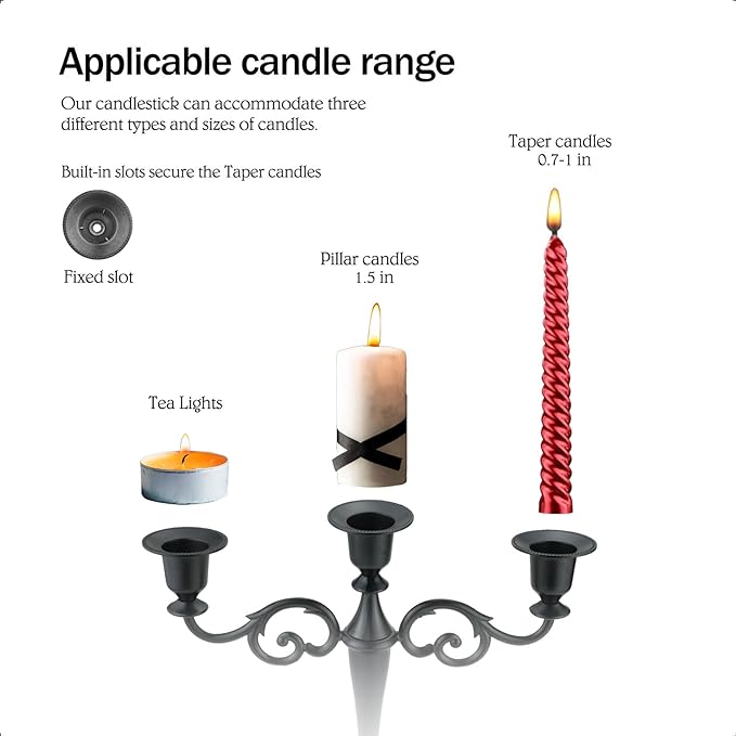 Brass Candle Holder，5 Wicks Metal Candle Holders for Taper Candles（10.6 inch Tall Candelabra, for 1/2-1 inch Pillar Candles Diameter Each）,Centerpiece Elegant Decoration Piece for Table