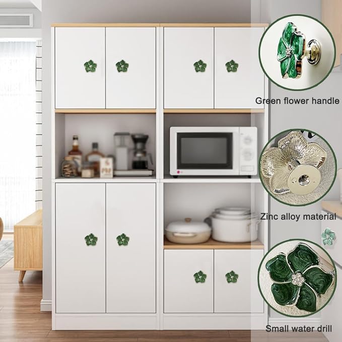 4 pcs Kitchen Handle Petal Knob Hand Zinc Alloy Single Hole Knob Inlaid Rhinestone Hand Handle for Cabinets,Drawers, Wardrobes Furniture Decoration(Green)