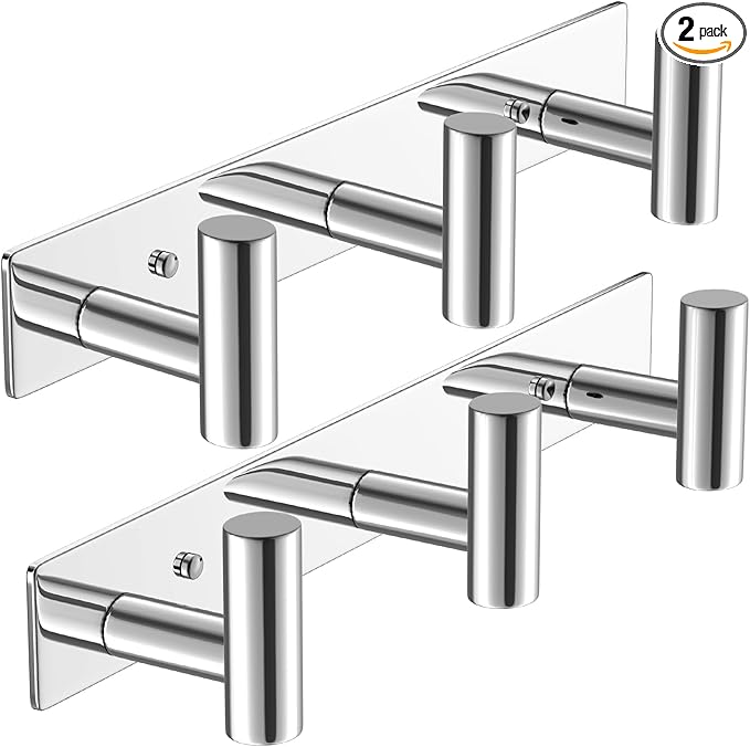 VAEHOLD Hat and Coat Wall Mount Rack - Hooks for Robes, Bags, Keys, and Towels - Bathroom Towel Hanger Organizer (Polished Chrome, “T“ Shape 3 Hooks 2 Pack)