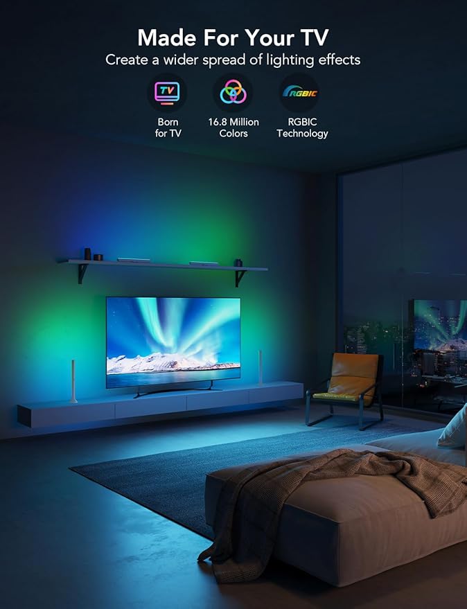 Govee RGBIC Light Bars, 15 Inches WiFi TV Backlight Suitable for 45-70 inch TVs, Smart Light Bars with Multiple Placement Options, Work with Alexa and Google Assistant, White