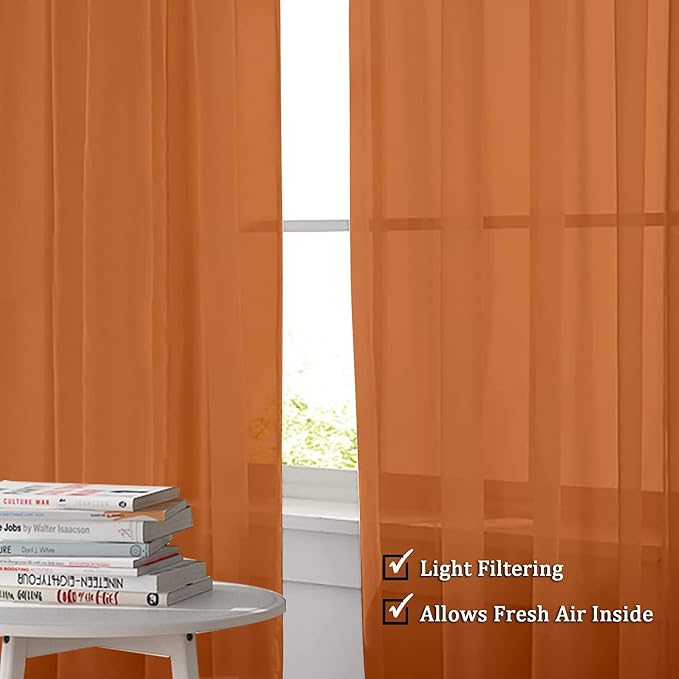 OWENIE Sheer Curtains 63 inch Length 2 Panels Set, Rod Pocket Voile Fimly Sheer Drapes for Living Room/Bedroom, 2pcs, Each 42" W x 63" L, Orange
