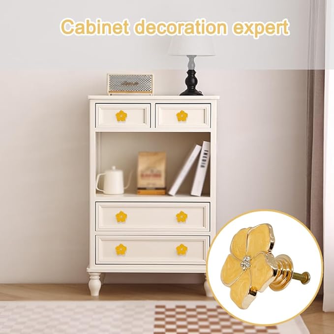 4 pcs Petal Knob Handle Unique Zinc Alloy Flower Shape Single Hole Knob Handle for Cabinets,Drawers, Wardrobes Furniture Decoration(Yellow)