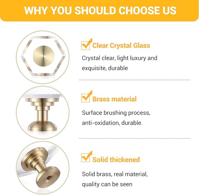 2-Pack Brass Base Crystal Drawer Knobs,Glass Crystal Gold Cabinet Knobs,1-5/16-Inch Hexagon,Kitchen Hardware Pulls, Modern Bathroom Hardware knob
