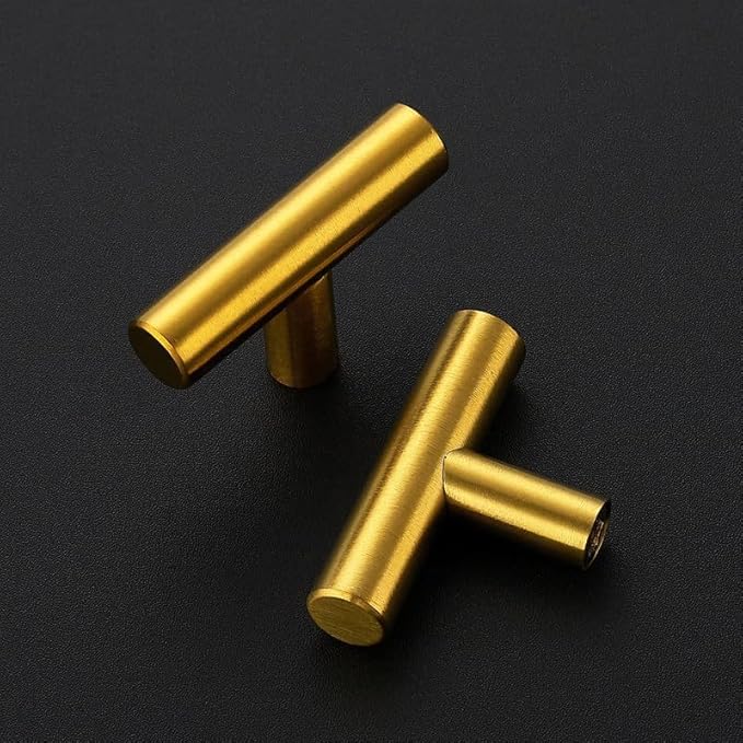 3 Pack Brushed Brass Cabinet Knobs - Kitchen Cabinet Knobs Gold Cabinet Pulls for Kitchen Cabinet Drawer Stainless Steel Dresser Knobs for Cabinet Hardware 2in Length Single Hole T Bar