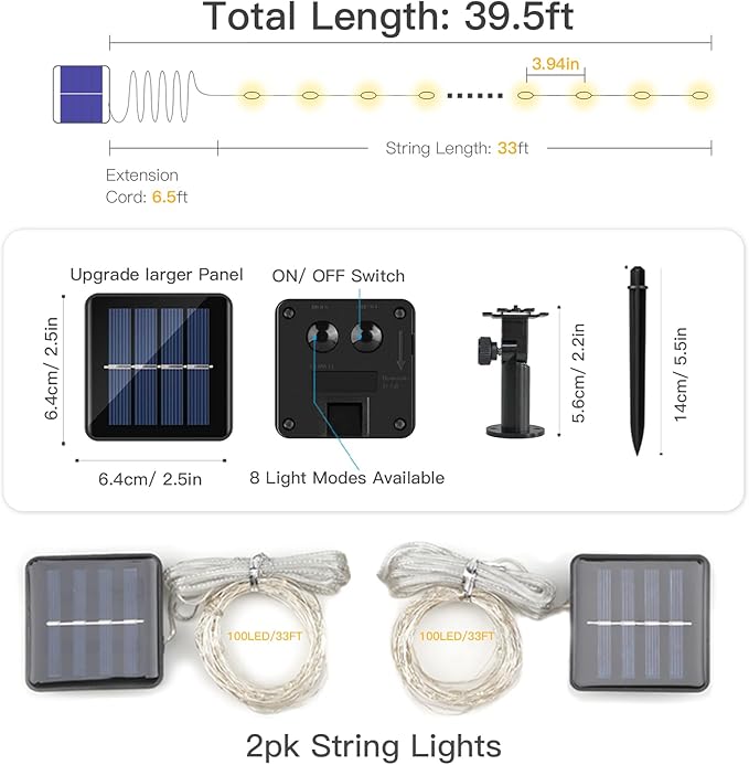 SUDDUS 2 Pack Total 66ft 200 Led Solar Fairy Lights Outdoor Waterproof, 8 Modes Twinkle Lights for Trees, Fence, Garden, Patio, Yard Decorations, Warm White