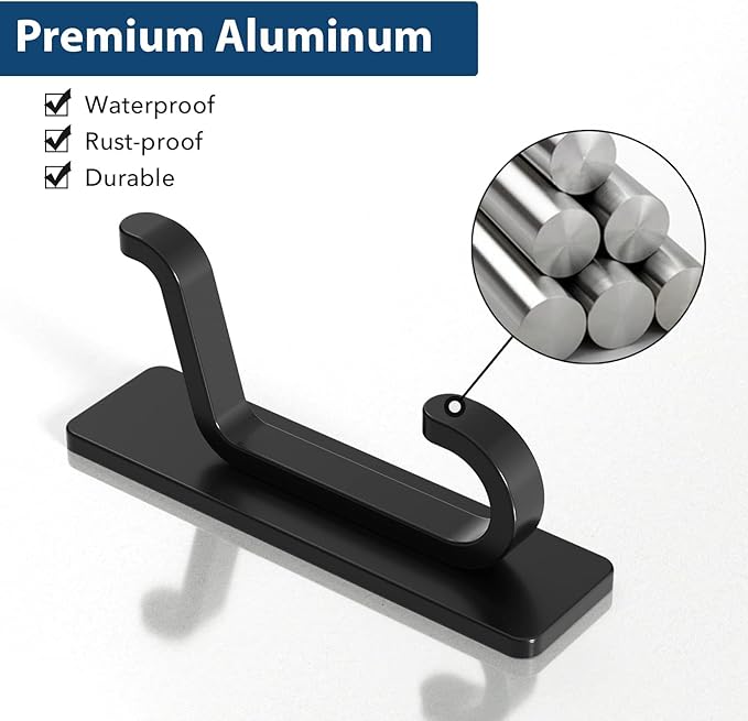Wall Hooks for Coat and Towel: 13LB Adhesive Door Hanger Stick on, Black 4 Pack