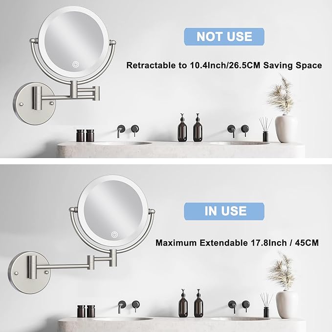 Hard Wired Makeup Mirror with Lights Wall Mounted with Magnification, 8 Inch Double Sides 10X Magnifying Bathroom Mirror 3 Color Lighting Touch Dimming, Extended Arm Shaving Mirror, Brushed Nickel