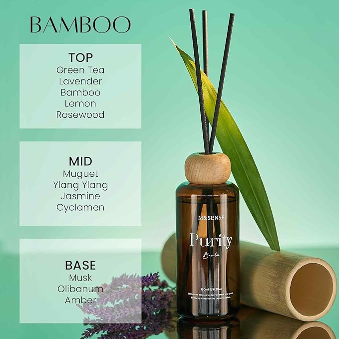 M&SENSE Bamboo Reed Diffuser: 6.3 fl oz Non-Toxic Aroma Set with Sticks, Light & Subtle Fragrance, Long-Lasting Natural Essential Oil Gifts for Bedroom, Shelf Decor & Small Spaces