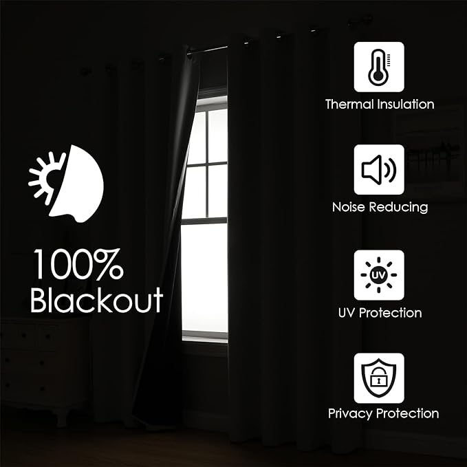 ChrisDowa 100% Blackout Curtains 80 inch Long for Bedroom with Black Liner, 2 Thick Layers Total Blackout Thermal Insulated Grommet Window Curtains 2 Panels Set (Burgundy, 52 x 80 Inch)