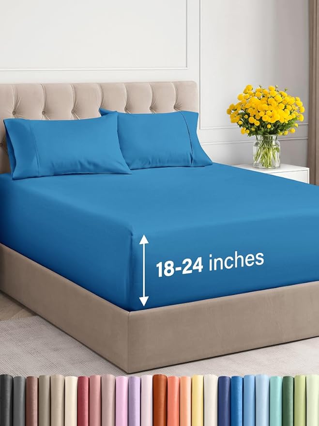 Extra Deep Twin Sheet Set - 4 Piece Breathable & Cooling Sheets - Hotel Luxury Bed Sheets Set - Easy & Secure Fit - Soft, Wrinkle Free & Comfy Sheets Set - Denim Blue Sheet Set with Extra Deep Pockets