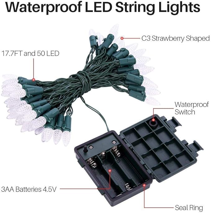 Battery Operated String Lights - 18ft 50 LED C3 String Lights Christmas Lights Battery Powered String Lights for Indoor Outdoor Christmas Tree Wreath Party Decoration, Waterproof, Warm White