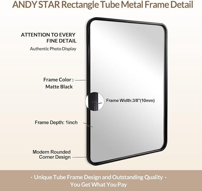 ANDY STAR Wall Mirror for Bathroom, 24x40 Inch Bathroom Vanity Mirror, Black Rounded Rectangle Mirror, Tube Iron Metal Wall-Mounted, Horizontal/Vertical