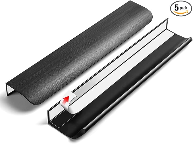 5 Pack 8 inch self Adhesive Cabinet pulls Adhesive Cabinet Handles Drawer pulls Black Stick on Handles for Finger pulls for cabinets Concealed Edge Pull Seam Flat Pull