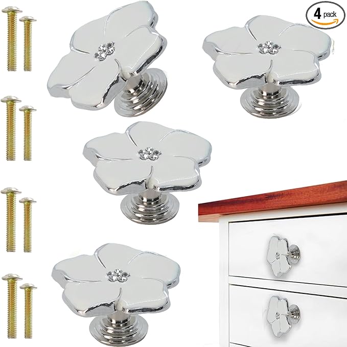 4 pcs White Flower Petal Handles Kitchen Handle Petal Knob Hand Zinc Alloy Single Hole Knob Inlaid Rhinestone Hand Handle for Cabinets,Drawers, Wardrobes Furniture Decoration(Silver Bottom)