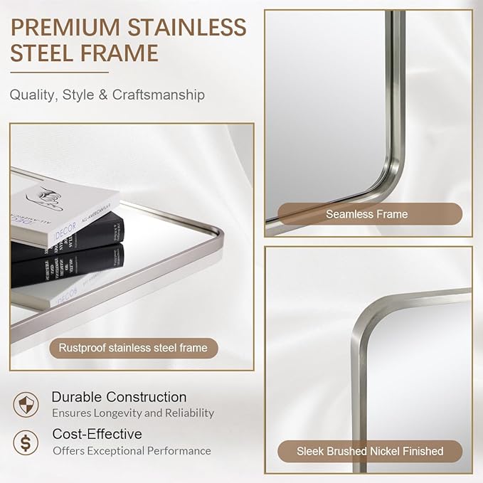 ANDY STAR 40x32 Inch Brushed Nickel Bathroom Mirror, Rounded Rectangle Bathroom Vanity Mirrors for Wall, Anti-Rust SUS304, Seamless Tube Metal Frame, 1’’ Deep Wall Mounted Vertically/Horizontal
