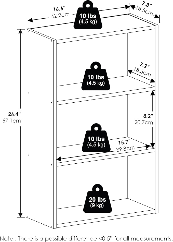 Furinno Basic Book Shelf, 3-Tier Bookshelf, Cube Storage Organizer Bookcase with Open Shelf, 7 x 17 x 26, for Living Room, Bedroom, Home Office, White