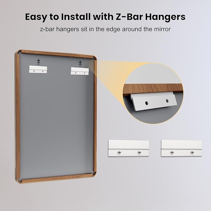LOAAO 22X30 Inch Bathroom Mirror with Wood Grain Colored Metal Frame, Rounded Rectangle Metal Framed Bathroom Mirror, Anti-Rust, Hangs Horizontally or Vertically