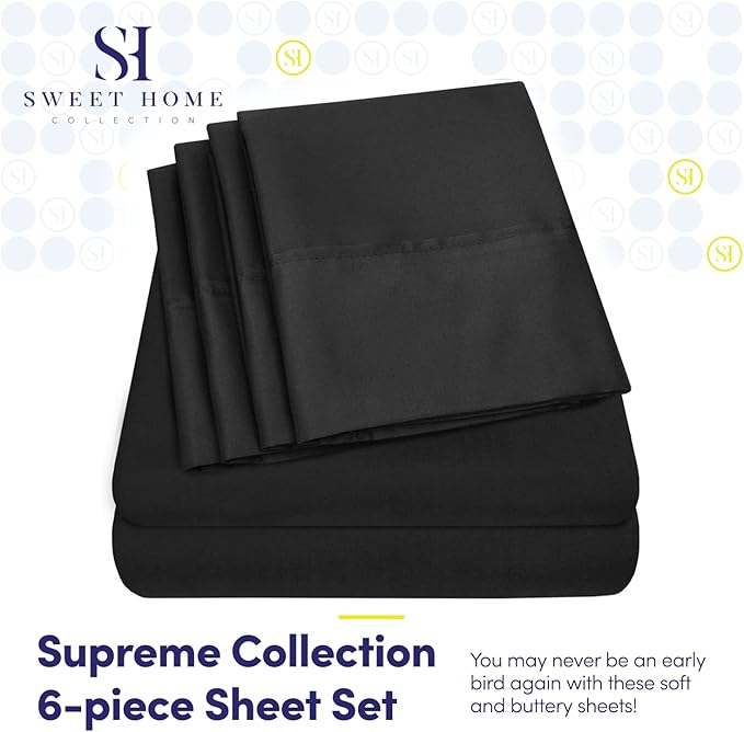 Sweet Home Collection 6 Piece 1500 Supreme Collection Brushed Microfiber Deep Pocket Sheet Set-2 Extra Pillow Cases, Great Value, Rv Short Queen, Black