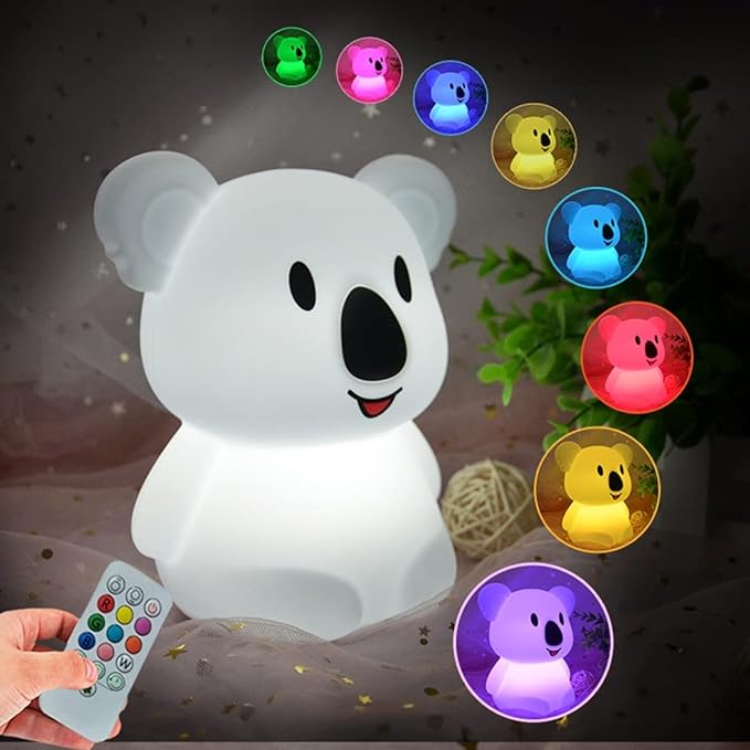 Koala Night Light for Kids Silicone Bedside Bedroom Lighting, Baby Nursery Light Sleeping NightLights, Color Changing Lamps - Eye Caring, Adjustable Brightness & Color, Time Setting - Medium