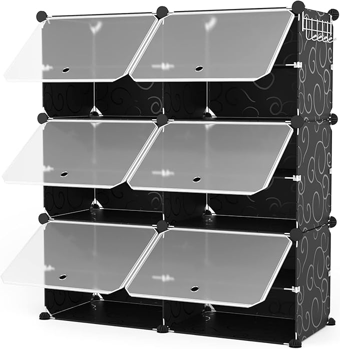 ROJASOP Portable Shoe Rack Organizer 6-Tier Shoe Cabinet 24-Pair shoe Storage Expandable Free Standing Stackable Space Shoe Rack with 2 exclusive Versatile Hooks for Bedroom Black
