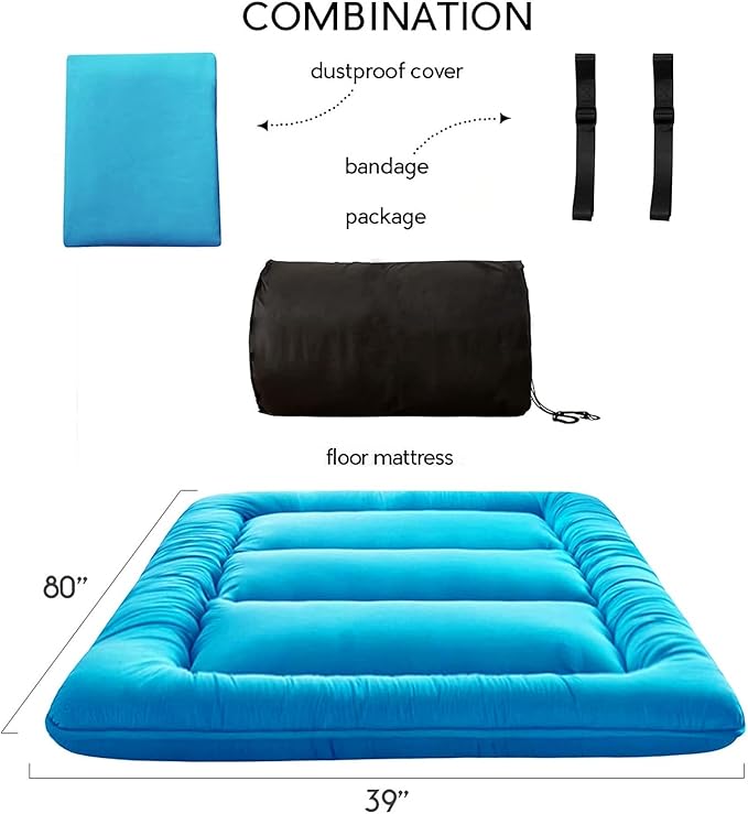 Japanese Floor Mattress Futon Mattress, Thicken Tatami Mat Sleeping Pad Foldable Roll Up Mattress Boys Girls Dormitory Mattress Pad Kids Floor Lounger Bed Couches and Sofas, Turquoise, Twin Size