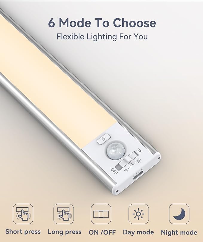 Under Cabinet Lighting, LED Motion Sensor Light Indoor, 2200mAh USB Rechargeable Closet Lights Battery Operated, Stick On Magnetic Wireless Dimmable Under Counter Lights for Kitchen, Stairs (2 Pack)