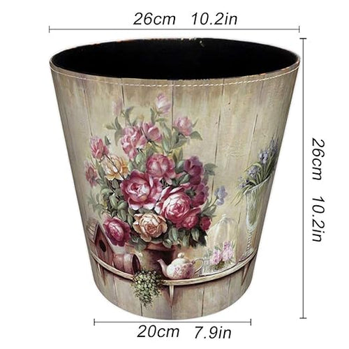 10L/2.64 Gallon Trash Can, Decorative Waste Basket, PU Leather Waste Paper Basket, Waterproof Garbage Can for Bathroom, Bedroom, Office, Kitchen and Living Room - Flower-5