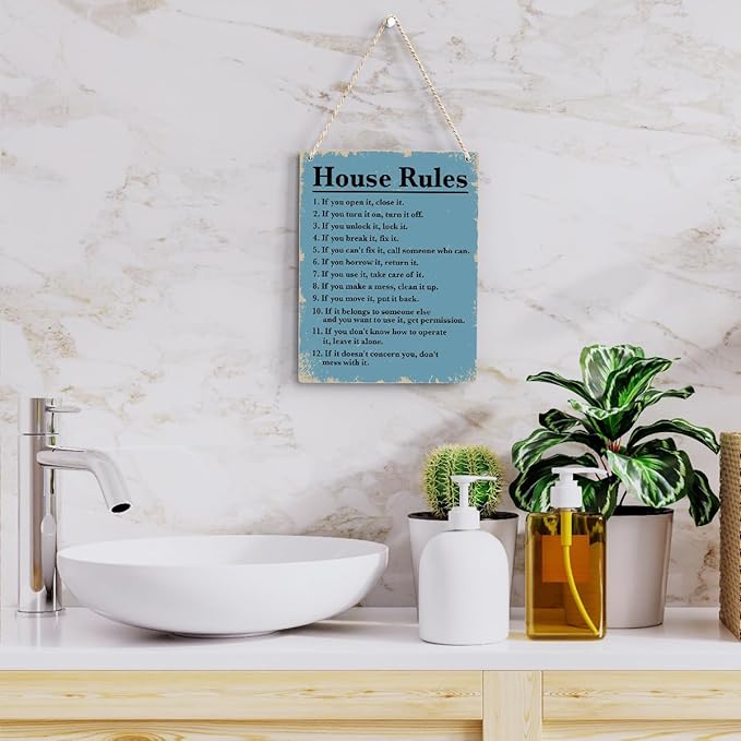 House Rules Wooden Hanging Sign, Farmhouse Living Room Home Decor Wall Art, Inspirational Family Quote, 8 x 10 Inches