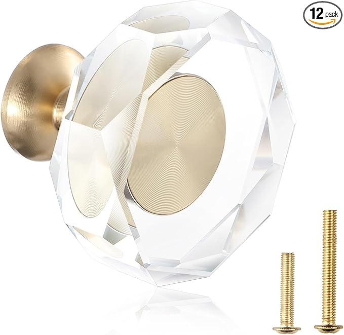 12-Pack 1-1/4-Inch White Cabinet Glass Crystal Patterned knob Brass Drawer Dresser Pulls, Gold Hardware Kitchen Closet knobs for Bifold Doors