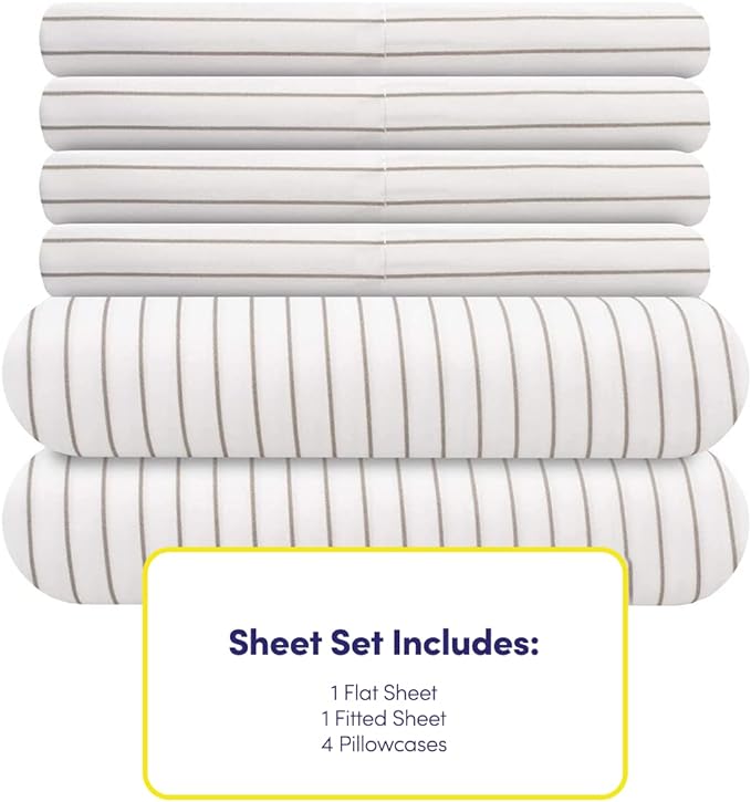 Queen Sheets Pinstripe White - 6 Piece 1500 Supreme Collection Fine Brushed Microfiber Deep Pocket Queen Sheet Set Bedding - 2 Extra Pillow Cases, Great Value, Queen, Pinstripe White