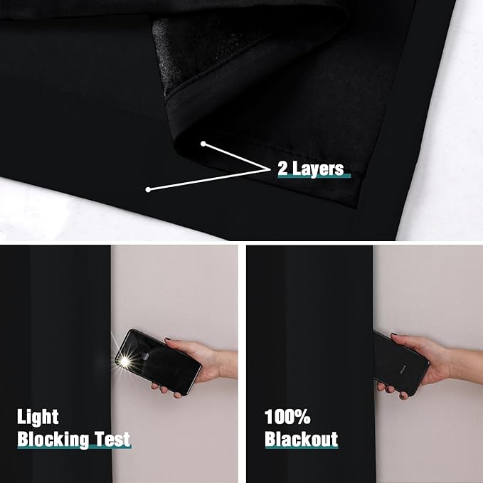 ChrisDowa 100% Blackout Curtains 63 inch Long for Bedroom with Black Liner, Extra Wide 2 Thick Layers Total Blackout Thermal Insulated Grommet Window Curtains 2 Panels Set (Black, 60 x 63 Inch)