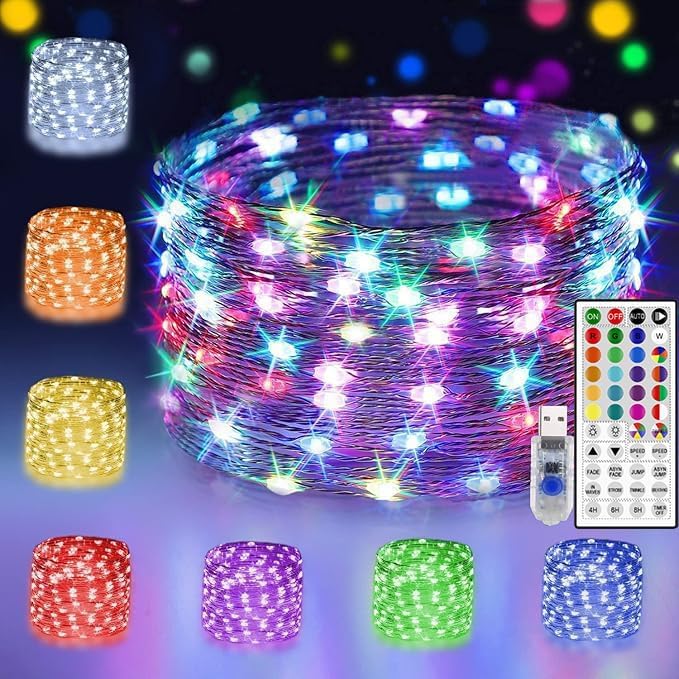 24 Multi Color Changing Fairy Lights USB Powered with Remote Control, 33ft 100 RGB LED Bright Silver Wire Starry String Lights for Christmas Tree, Wedding Party, Indoor, Garden, Bedroom Holiday Décor