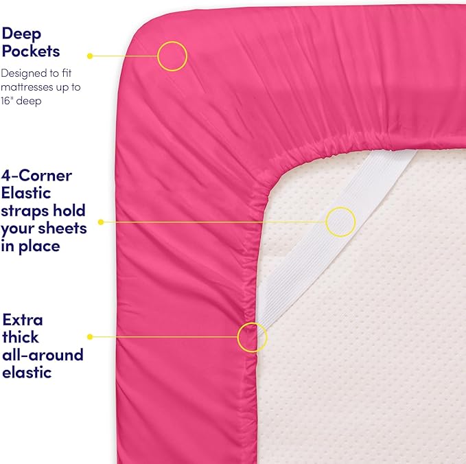 Sweet Home Collection King Size Sheet Set with Built-in Sheet Straps - Deep Pocket Fitted Sheet, Flat Sheet & Pillowcases - Soft, Wrinkle-Free, Secure Fit - Fuschia