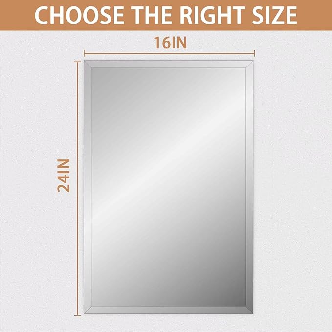 Frameless Mirror for Bathroom Vanity,16x24in Wall Mounted Mirrors for Over Sink Decorative Rectangular Frameless Mirror,With Polished Edge,Hangs Horizontally Or Vertically,Entryways,Room,Shatterproof