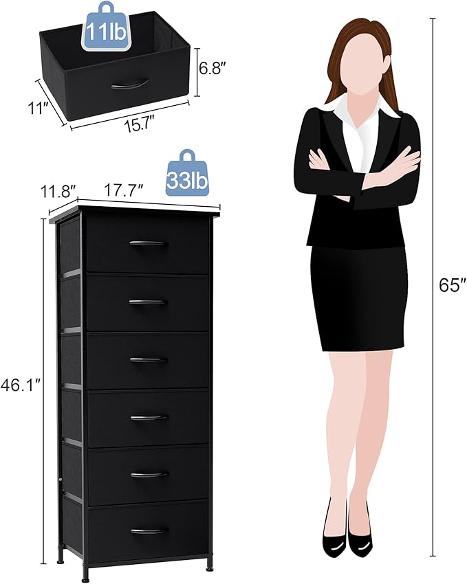 Crestlive Products Vertical Dresser Storage Tower - Sturdy Steel Frame, Wood Top, Easy Pull Fabric Bins, Wood Handles - Organizer Unit for Bedroom, Hallway, Entryway, Closets - 6 Drawers (Black)
