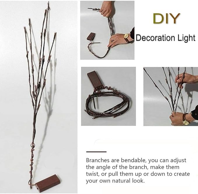 DK177 6 Pack Led Branch Light Battery Operated Lighted Branch Vase Filler Willow Tree Artificial Little Twig Power Brown 30 Inch 20 LED for Home Romantic Decoration, Warm White