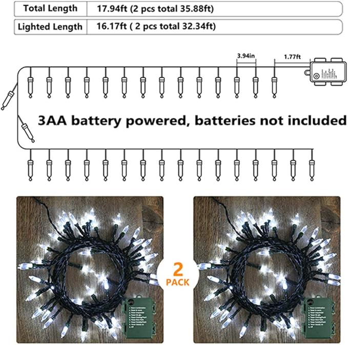 BrizLabs White Christmas Lights, 2 Pack 17.94ft 50 LED Battery Christmas String Lights with Timer, 8 Modes Christmas Tree Lights Indoor Outdoor Christmas Mini Lights for Christmas Tree Wedding Home