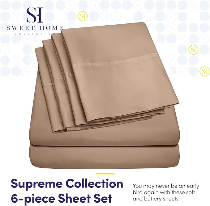Sweet Home Collection 6 Piece 1500 Supreme Collection Brushed Microfiber Deep Pocket Sheet Set-2 Extra Pillow Cases, Great Value, Rv Short Queen, Taupe