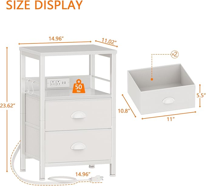 Furologee End Table with Charging Station, Nightstand with Fabric Drawers, Side Tables with USB Ports & Outlets, Night Stand with Storage Shelf & Hooks, for Living Room/Bedroom, White