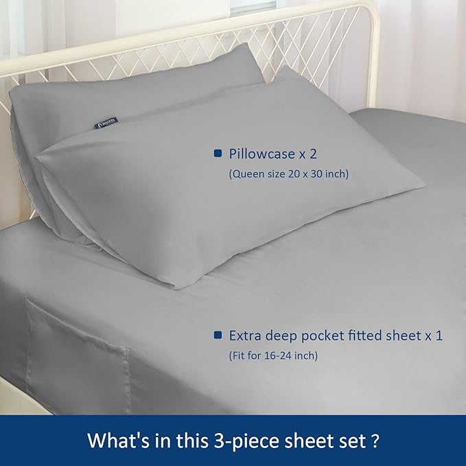 Moonsea Twin XL Sheet Sets - Extra Deep Pocket 3-Piece Twin XL Sheets - Twin Extra Long Sheet Set with Side Pocket - Easily Fits Extra Deep 16 in to 24 in Pillow Top (Grey)