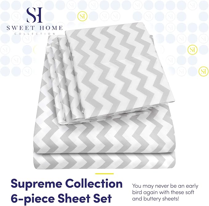 Queen Sheets Chevron Grey- 6 Piece 1500 Supreme Collection Fine Brushed Microfiber Deep Pocket Queen Sheet Set Bedding - 2 Extra Pillow Cases, Great Value, Queen, Chevron Gray