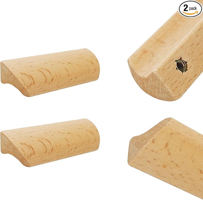 2Pcs Unfinished Wood Solid Furniture Pulls Handles,Unfinished Unpainted Paintable Wooden Handles Cupboard Closet Drawer Handle Pull,Length 3.54",Hole Dis.2.52"