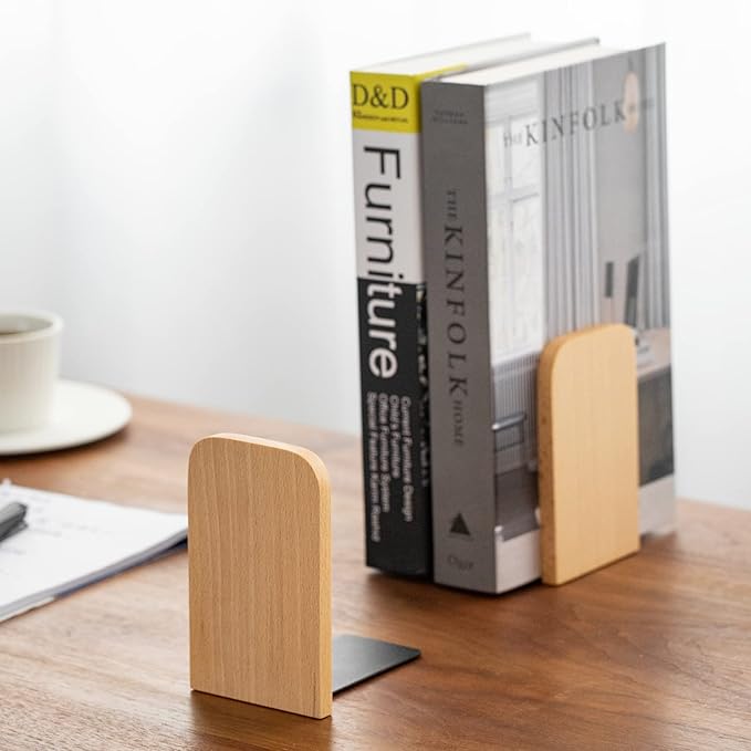 Muso Wood Book Ends for Shelves, Non-Slip Bookends, Heavy Duty Wooden Bookend Support for Books and Movies (Beech 2 Pairs)