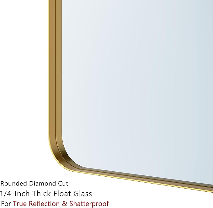 VocalStar 18 x 26 Inch Gold Bathroom Mirror for Wall, Metal Framed Rounded Rectangle Vanity Mirror, 1/4-inch Shatterproof Glass | Ultra-Flush Hanging
