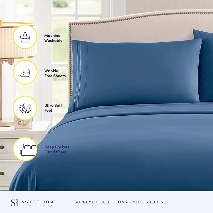 Full Size Sheet Sets - Breathable Luxury Sheets with Full Elastic & Secure Corner Straps Built In - 1800 Supreme Collection Extra Soft Deep Pocket Bedding Set, Sheet Set, Full, Denim