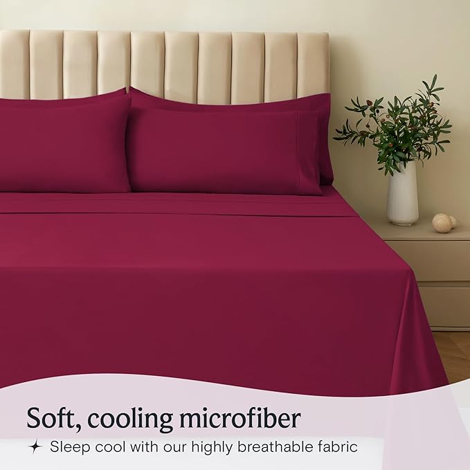 LuxClub 3 PC Sheet Bed Sheets Deep Pockets Wrinkle Free-Kids-Fitted Sheets Machine Washable Hotel Bedding Silky Soft - Burgundy Twin