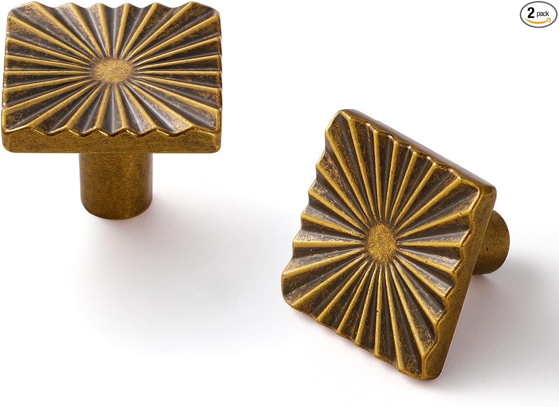 2 Pack Antique Brass Cabinet Knobs Square Vintage Drawer Pulls Bathroom Dresser Handles Hardware Zinc Alloy