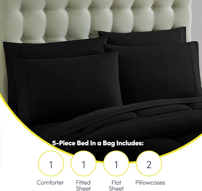 Sweet Home Collection 5 Piece Comforter Set Bag Solid Color All Season Soft Down Alternative Blanket & Luxurious Microfiber Bed Sheets, Black, Twin (Pack of 4)